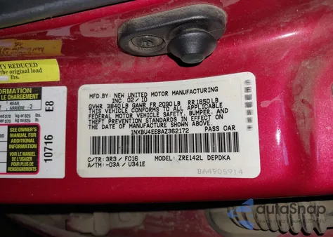 2010 Toyota Corolla Le из США, поврежденный, VIN 1NXBU4EE8AZ362172